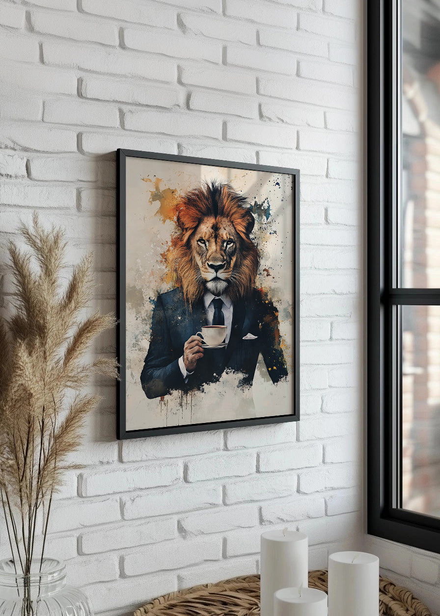 Cuadro ​León con traje tomando café