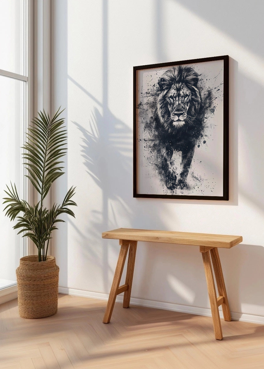 Cuadro ​León en blanco y negro estilo acuarela