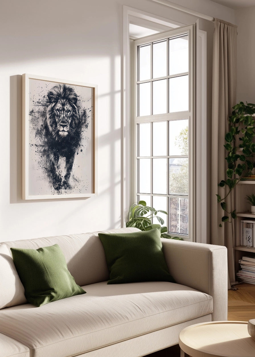 Cuadro ​León en blanco y negro estilo acuarela
