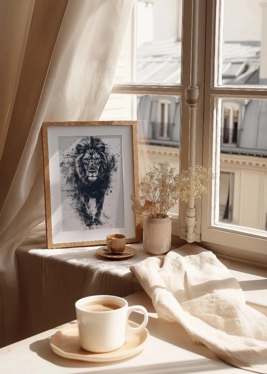 Cuadro ​León en blanco y negro estilo acuarela