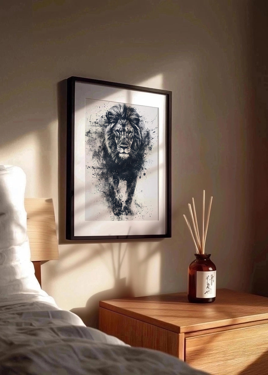 Cuadro ​León en blanco y negro estilo acuarela