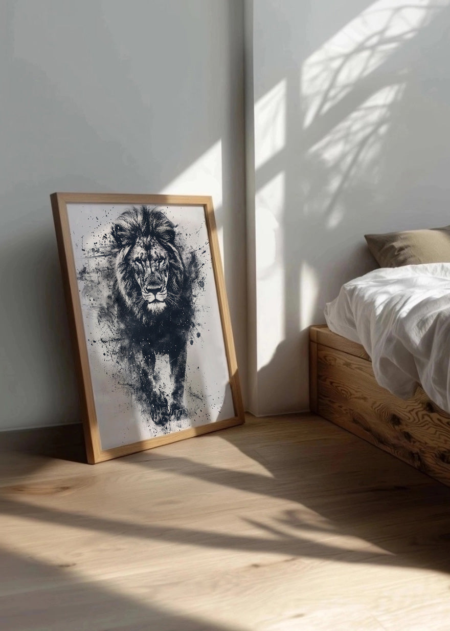 Cuadro ​León en blanco y negro estilo acuarela