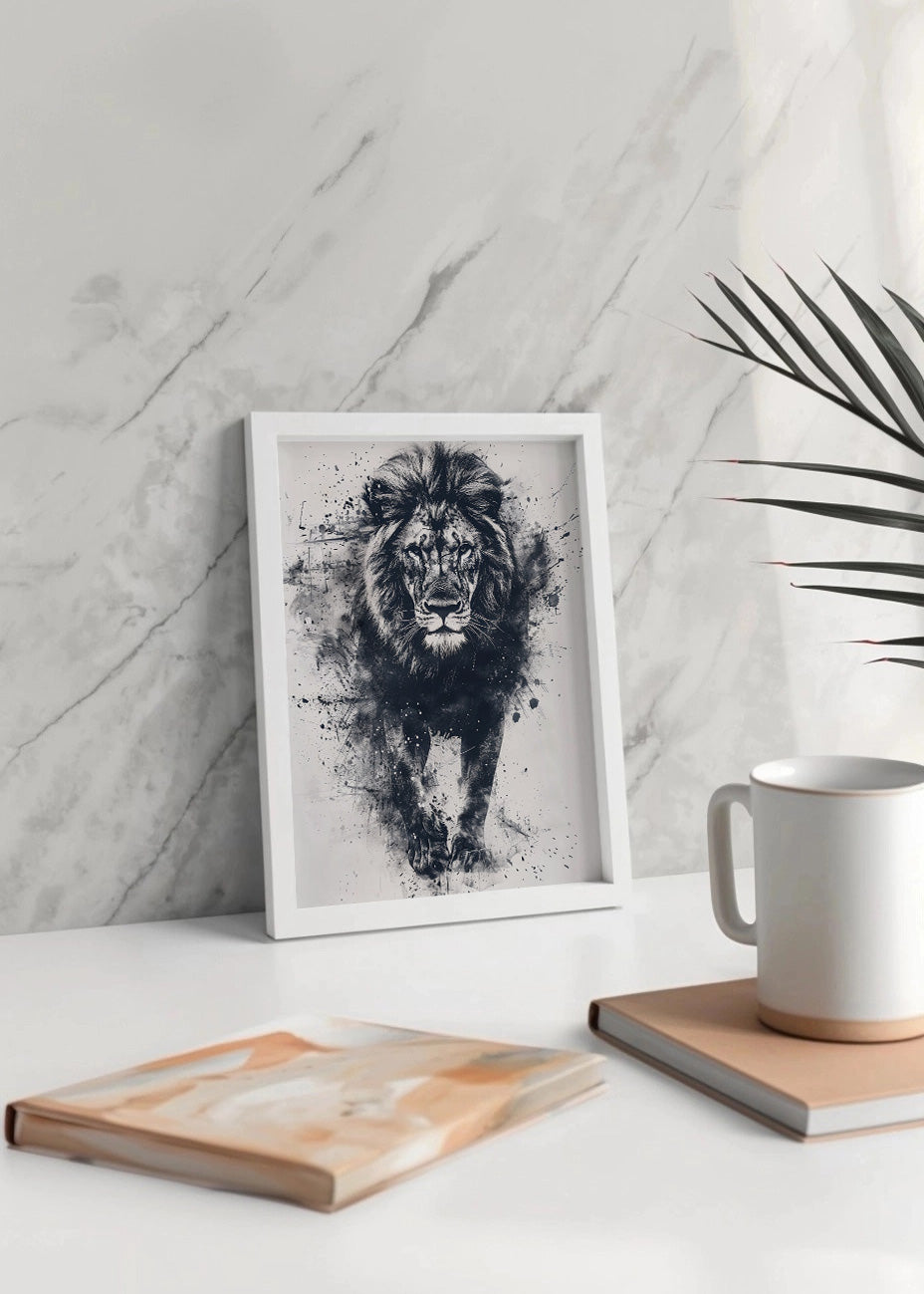 Cuadro ​León en blanco y negro estilo acuarela