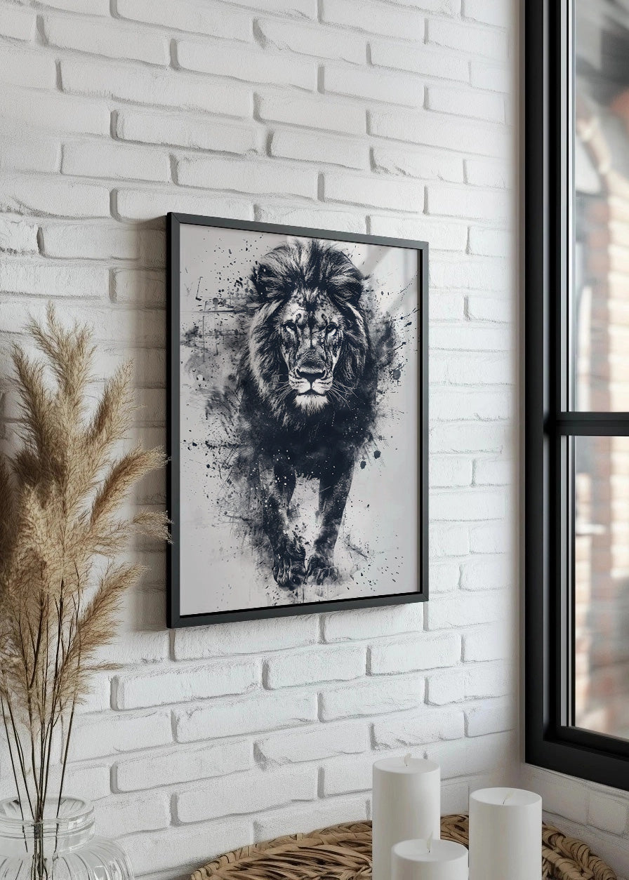 Cuadro ​León en blanco y negro estilo acuarela