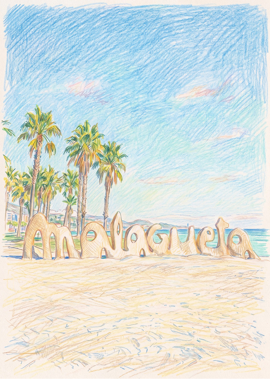 Cuadro Málaga - playa con efecto dibujo