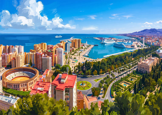 Cuadro Málaga, Plaza de Toros y puerto - Gouache