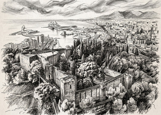 Cuadro Málaga y Castillo de Gibralfaro efecto lápiz