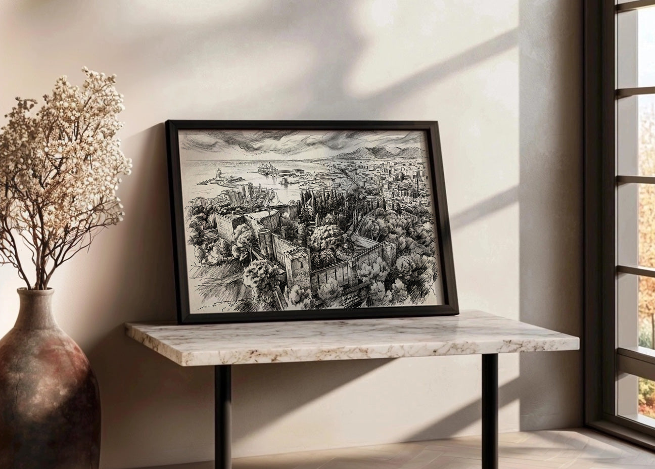 Cuadro Málaga y Castillo de Gibralfaro efecto lápiz