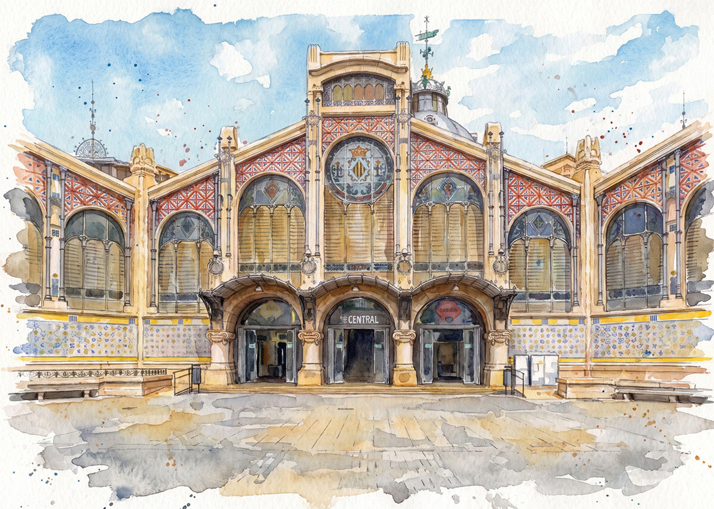 Cuadro Mercado Central de Valencia efecto acuarela