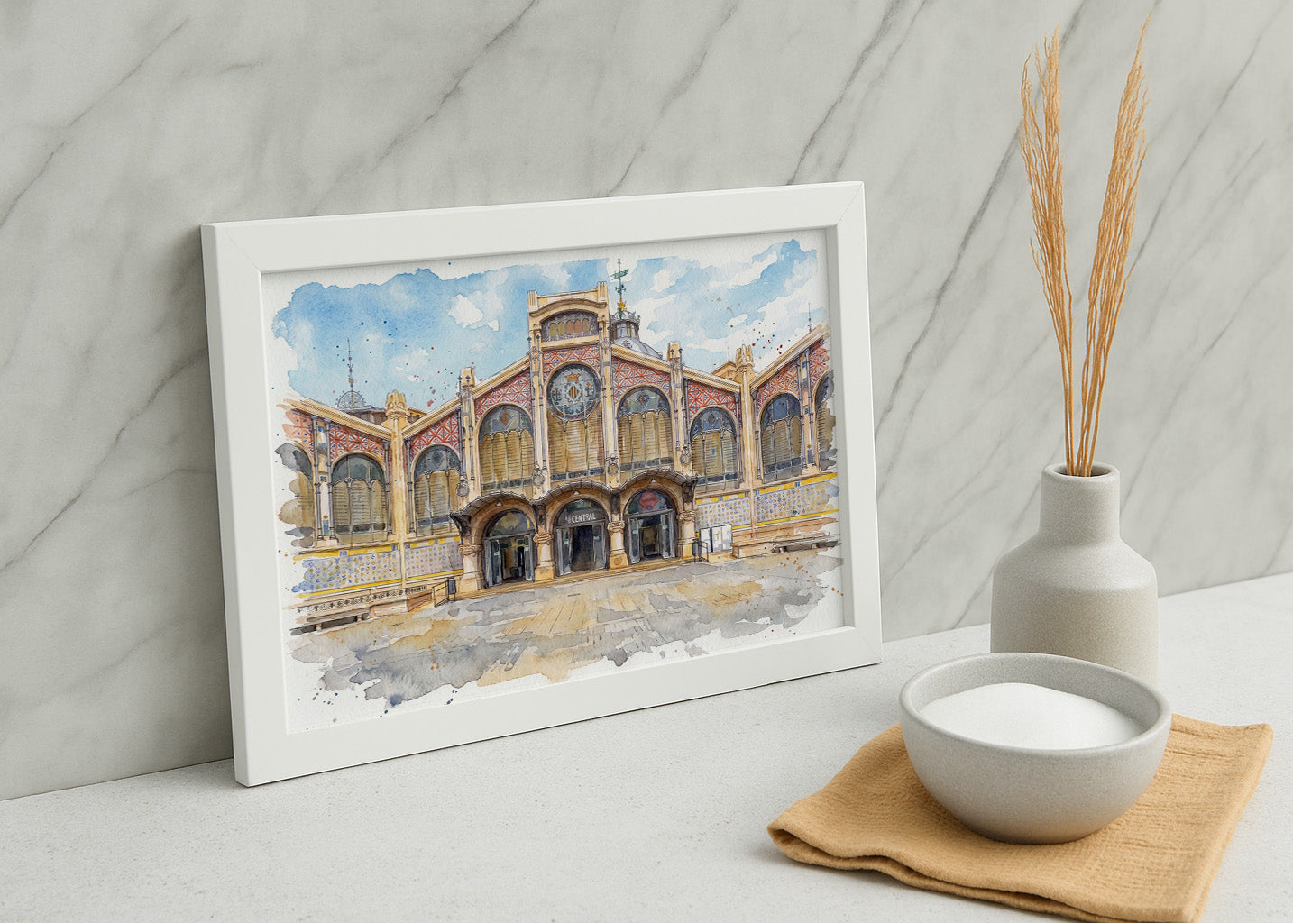 Cuadro Mercado Central de Valencia efecto acuarela