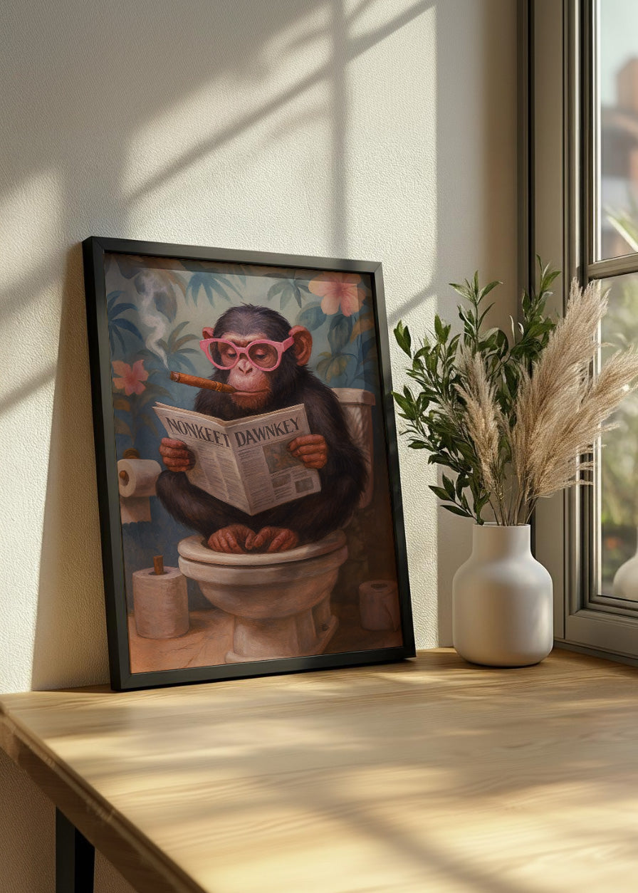 Cuadro Mono en el baño leyendo el periódico