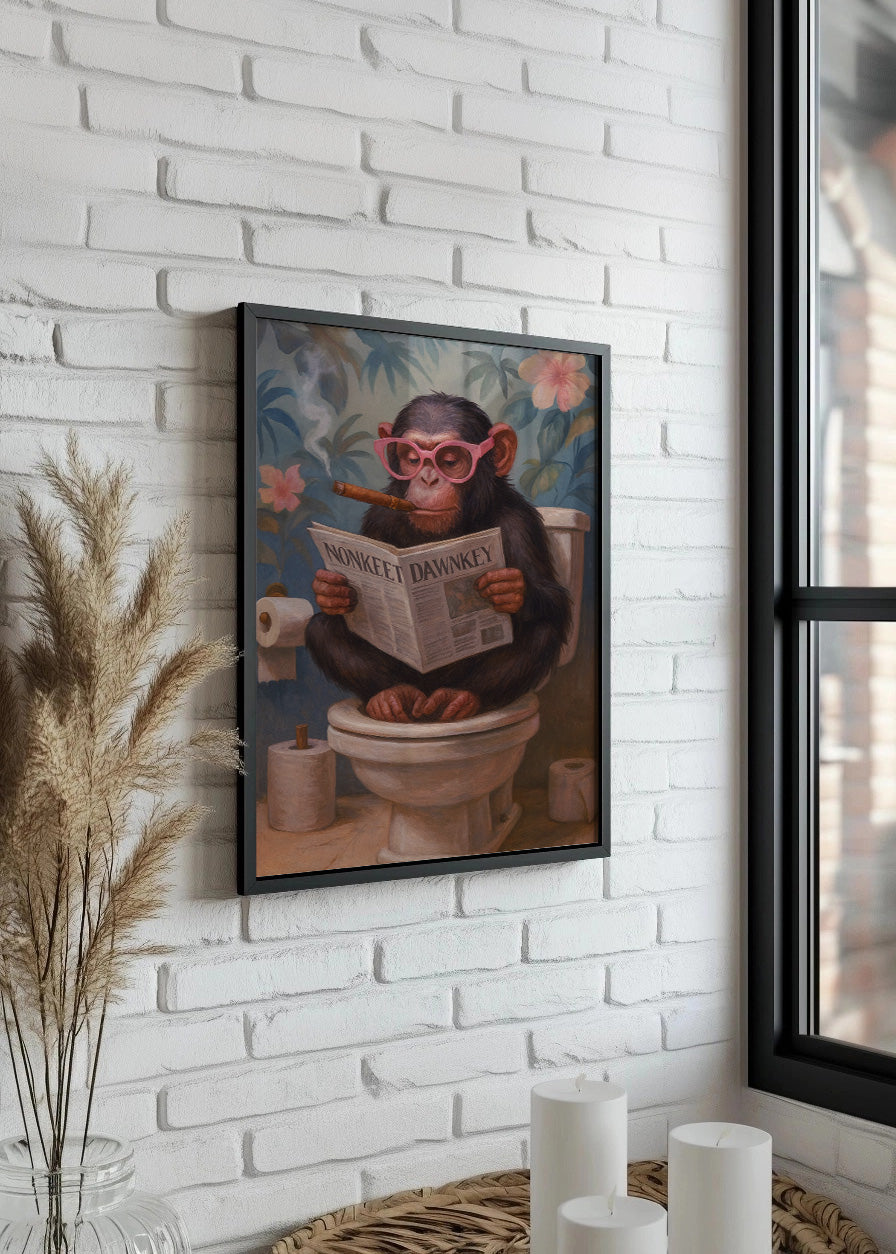 Cuadro Mono en el baño leyendo el periódico