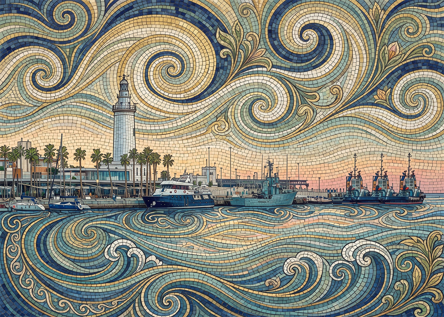 Cuadro Muelle de Málaga y faro - Art Nouveau