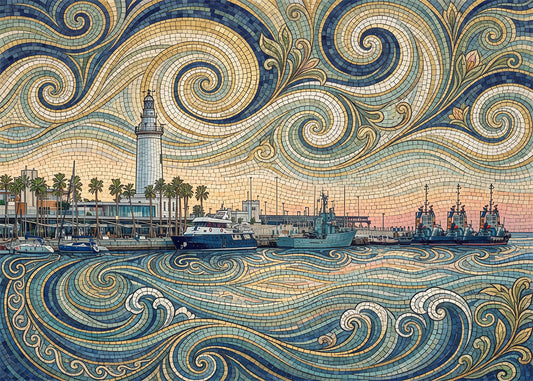 Cuadro Muelle de Málaga y faro - Art Nouveau