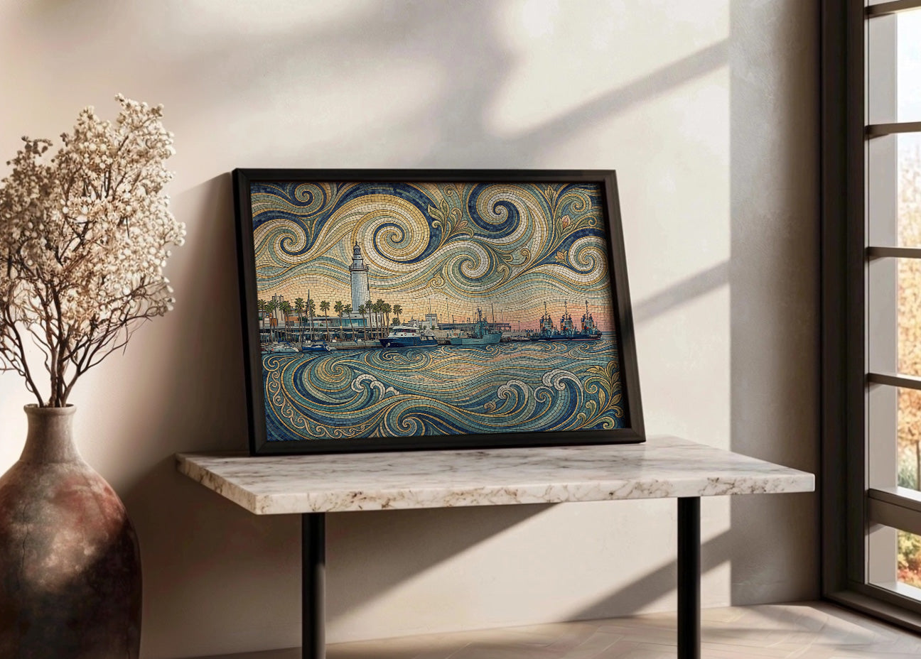 Cuadro Muelle de Málaga y faro - Art Nouveau