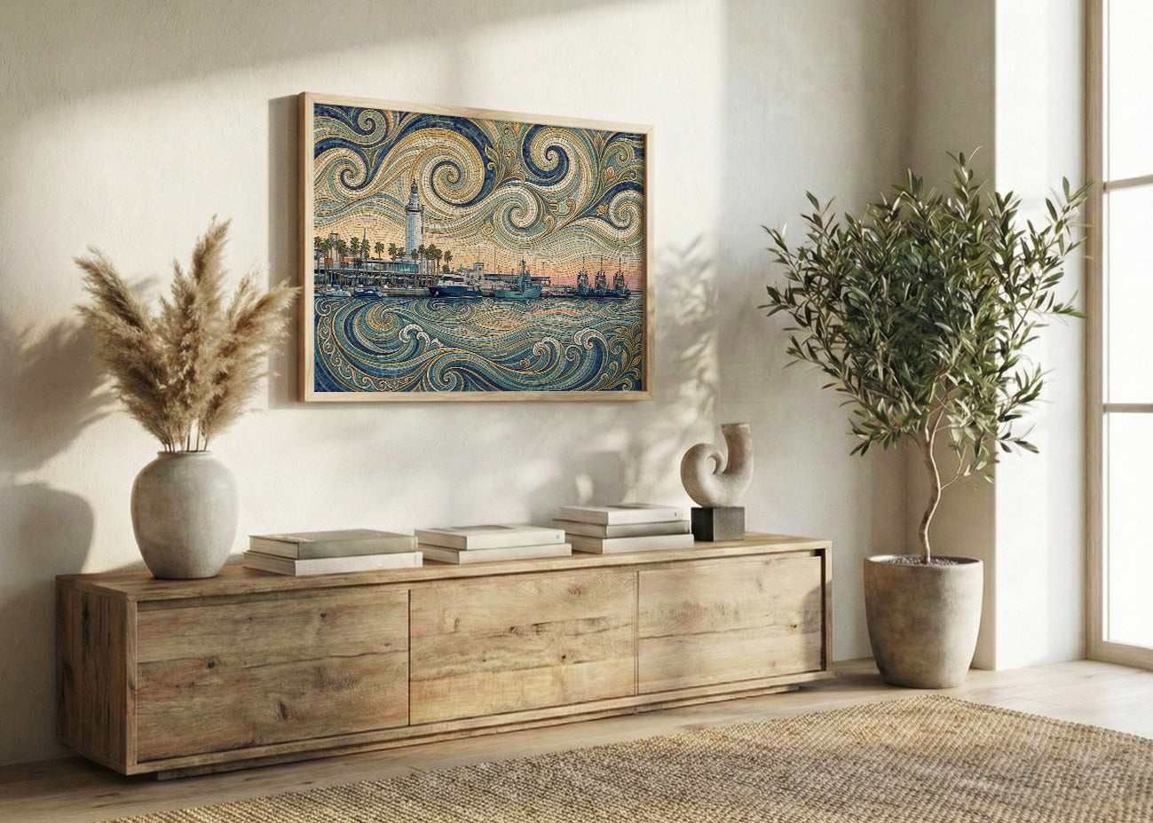 Cuadro Muelle de Málaga y faro - Art Nouveau