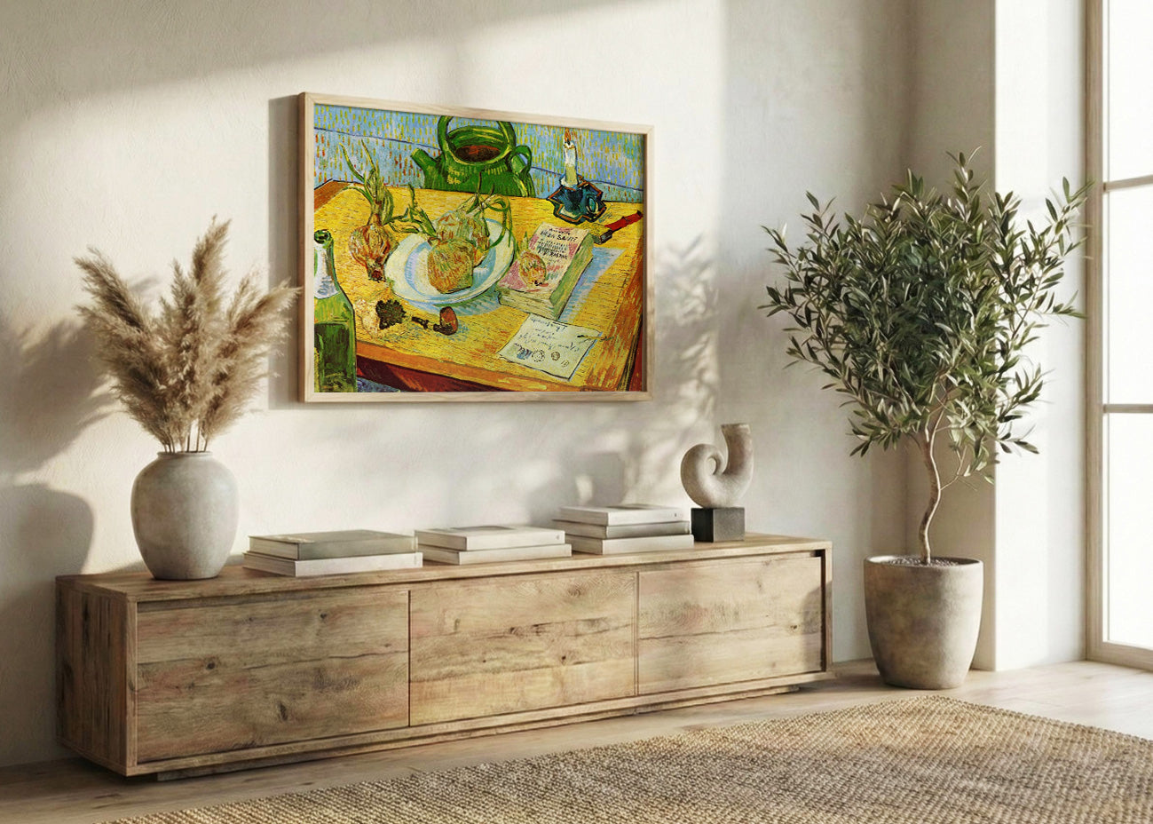Cuadro Naturaleza Muerta Tablero de dibujo, pipa, cebollas y cera selladora (Van Gogh)