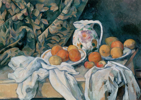 Cuadro ​Naturaleza muerta con cortina y jarrón (Cezanne)