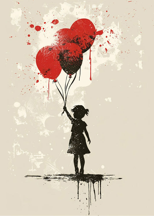 Cuadro ​Niña con globos en acuarela negra y roja
