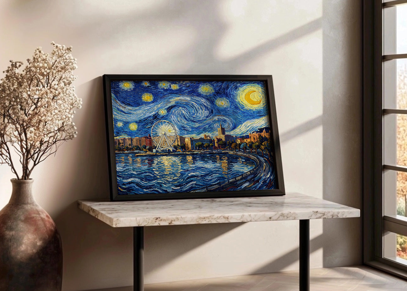 Cuadro Noria de Málaga en el Muelle Uno - Noche Estrellada