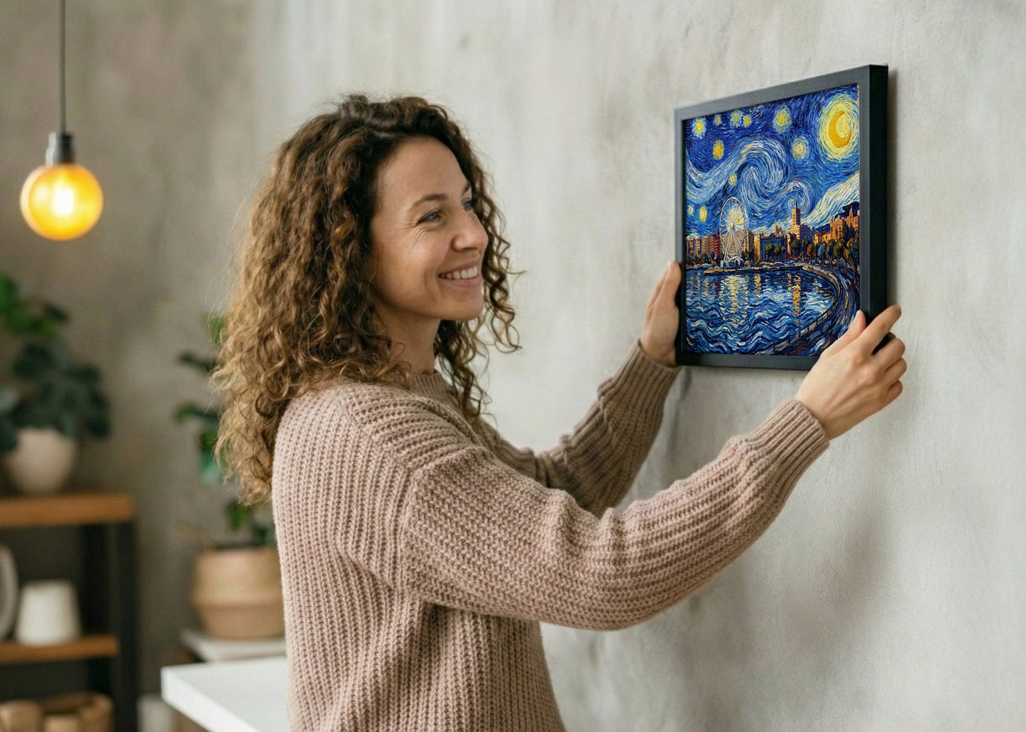 Cuadro Noria de Málaga en el Muelle Uno - Noche Estrellada