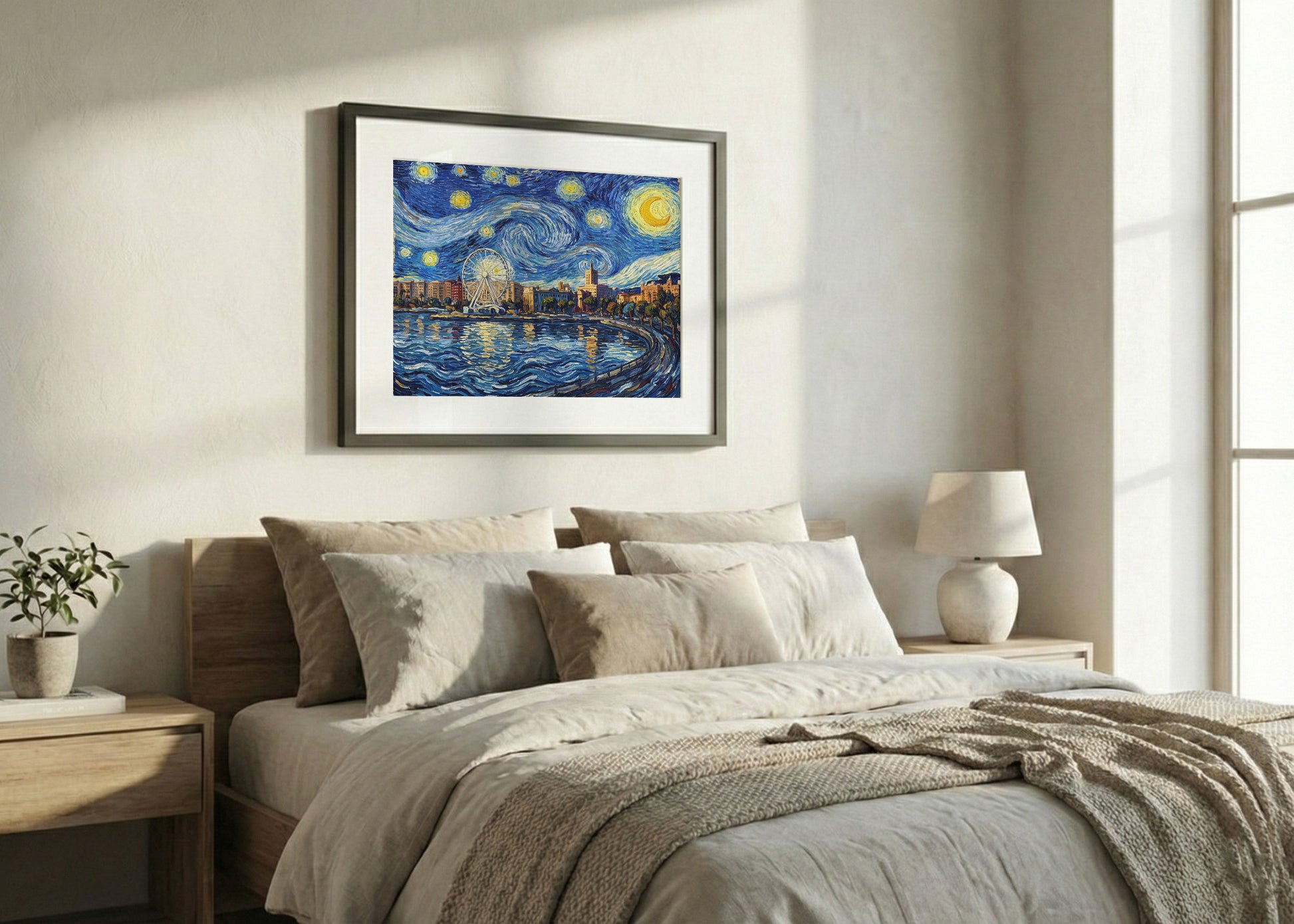Cuadro Noria de Málaga en el Muelle Uno - Noche Estrellada