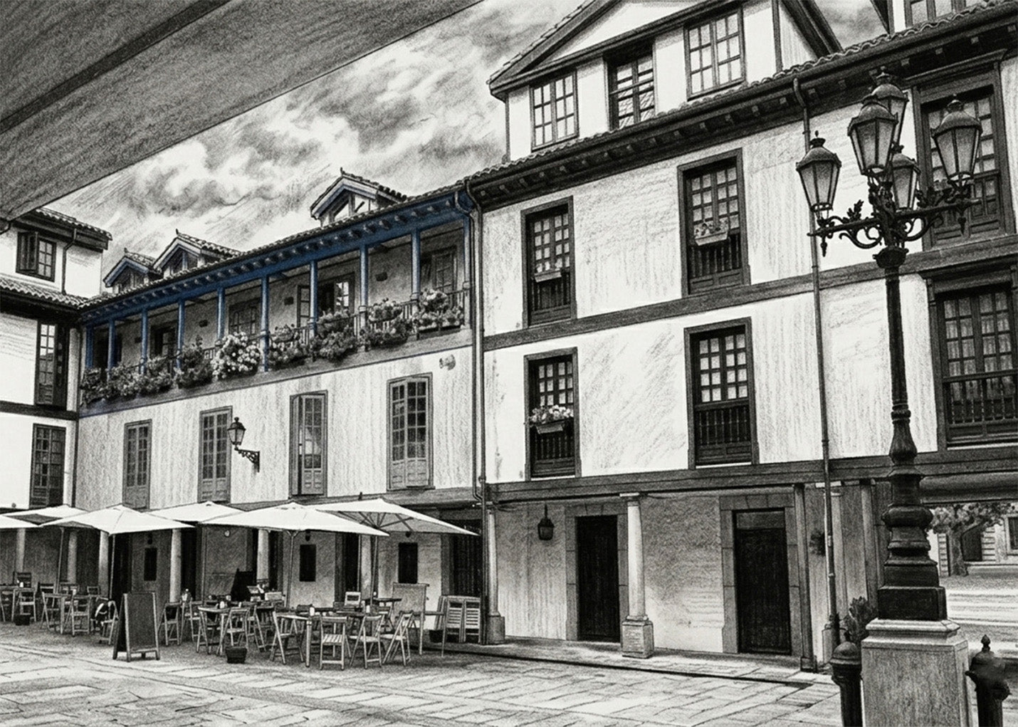 Cuadro Oviedo Plaza del Fontán estilo lápiz