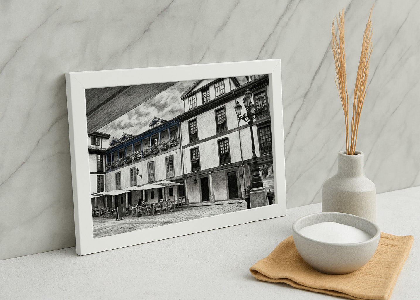 Cuadro Oviedo Plaza del Fontán estilo lápiz