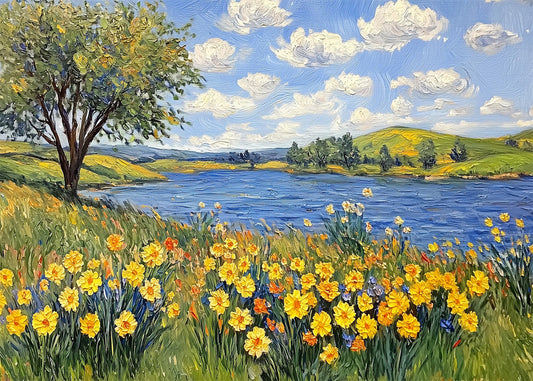 Cuadro ​Paisaje de lago con flores