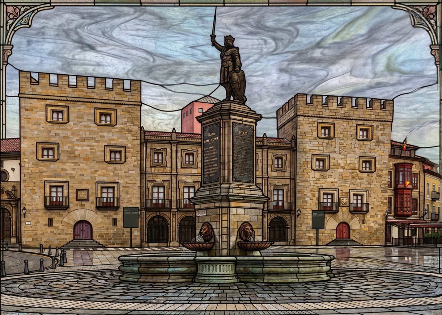 Cuadro Palacio de Revillagigedo y Fuente de Pelayo estilo vidriera