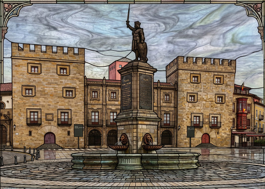 Cuadro Palacio de Revillagigedo y Fuente de Pelayo estilo vidriera