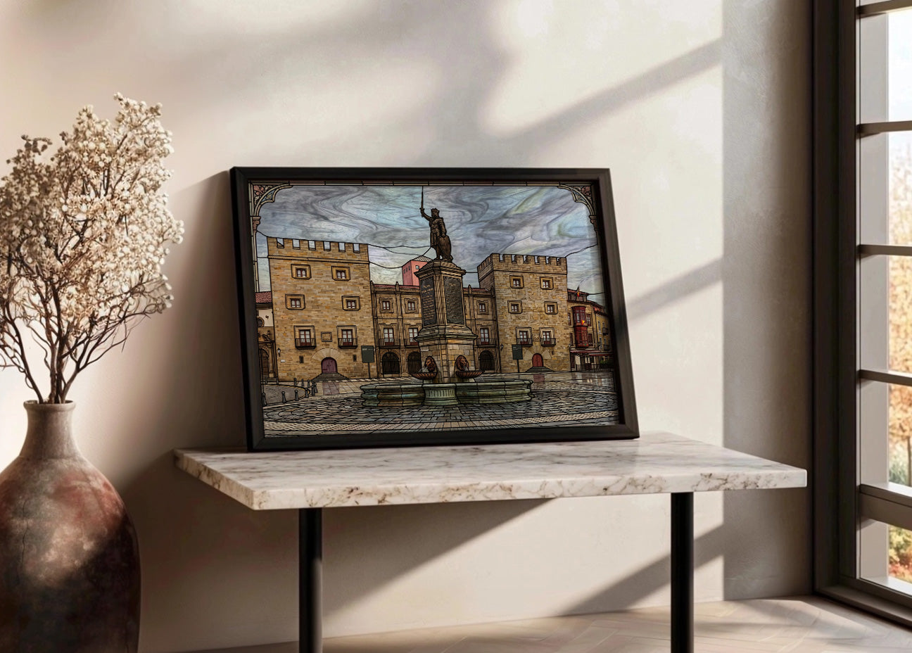 Cuadro Palacio de Revillagigedo y Fuente de Pelayo estilo vidriera