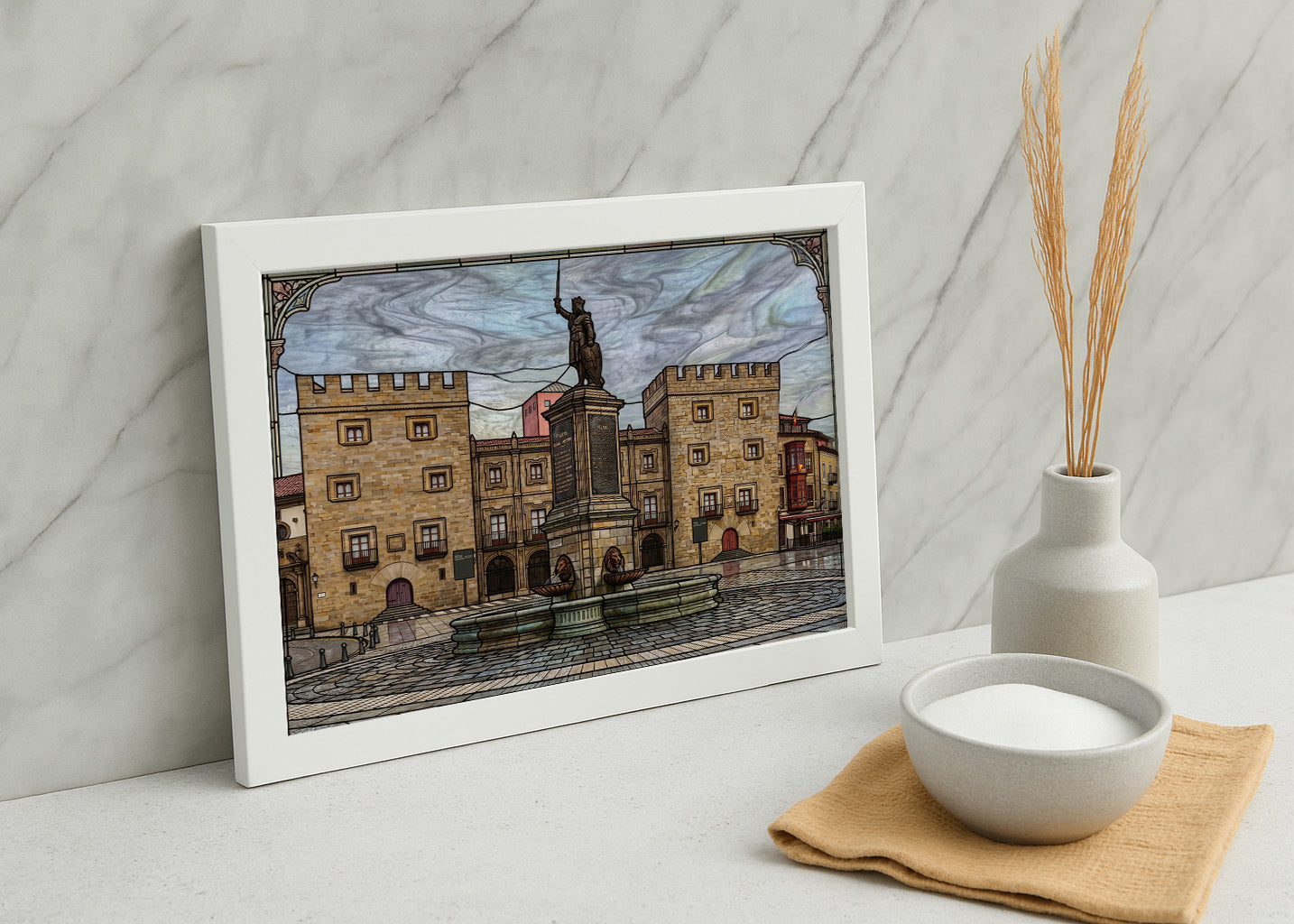 Cuadro Palacio de Revillagigedo y Fuente de Pelayo estilo vidriera