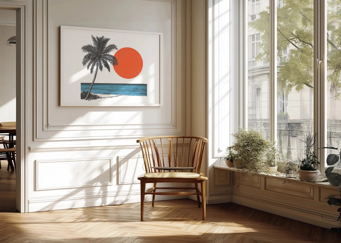 Cuadro ​Palmera con el mar y la luna roja