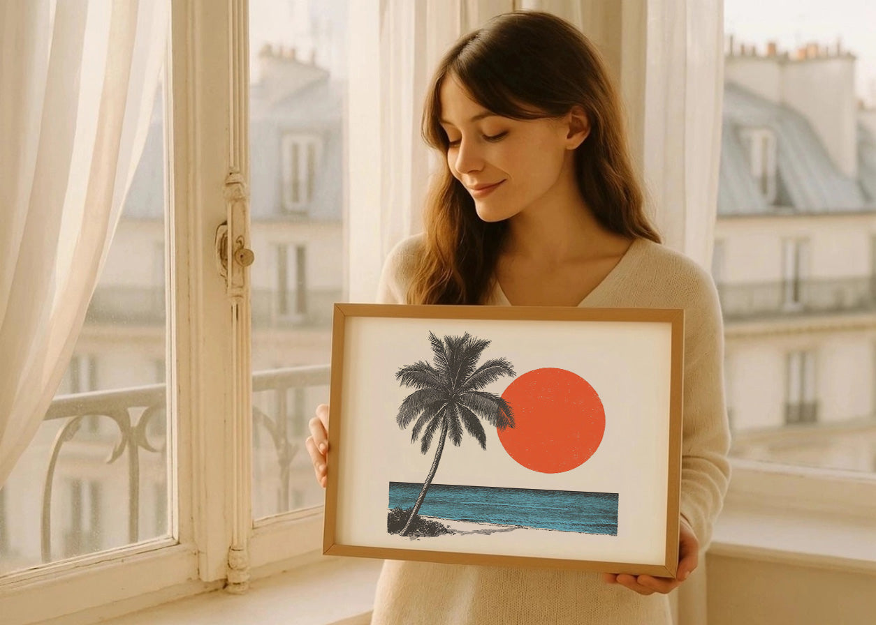 Cuadro ​Palmera con el mar y la luna roja