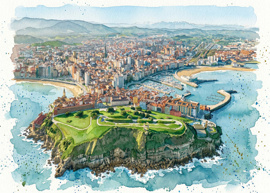 Cuadro Panorámica de Gijón en estilo acuarela