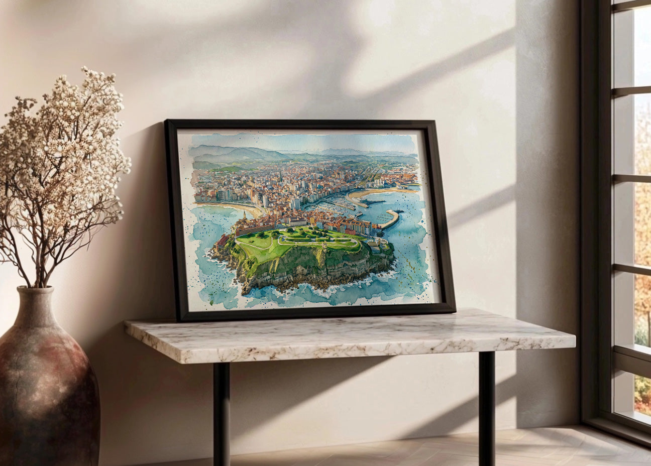 Cuadro Panorámica de Gijón en estilo acuarela
