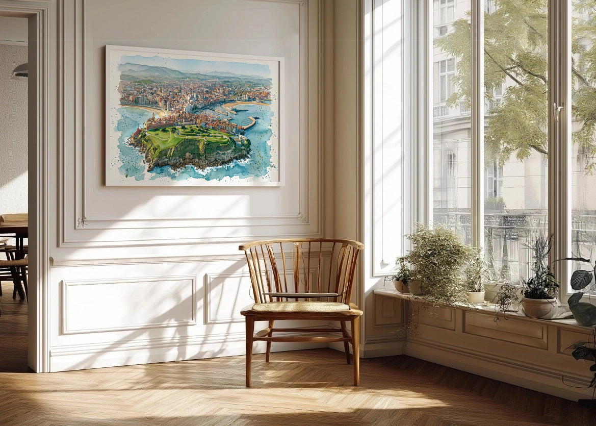 Cuadro Panorámica de Gijón en estilo acuarela
