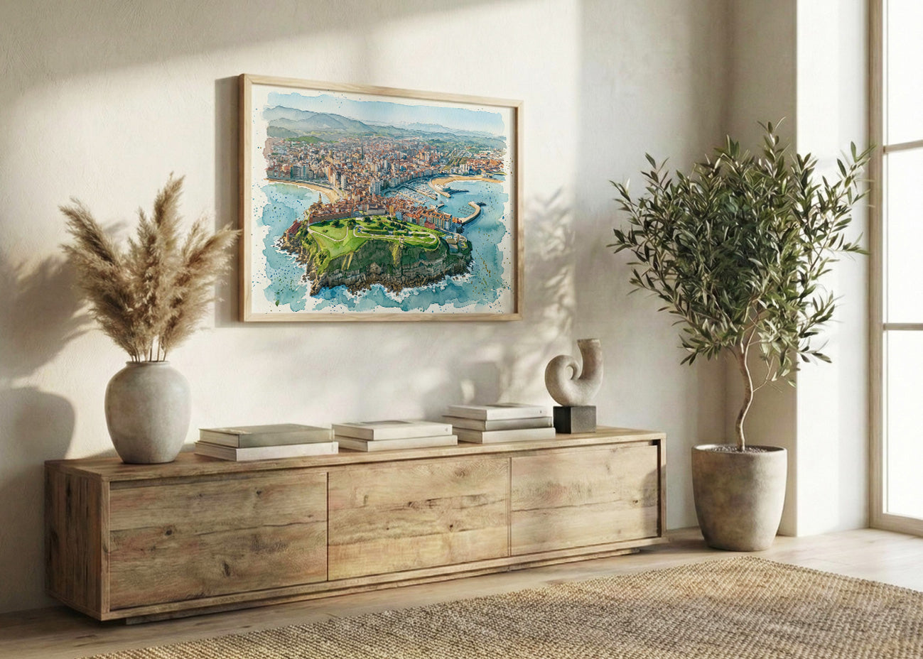Cuadro Panorámica de Gijón en estilo acuarela