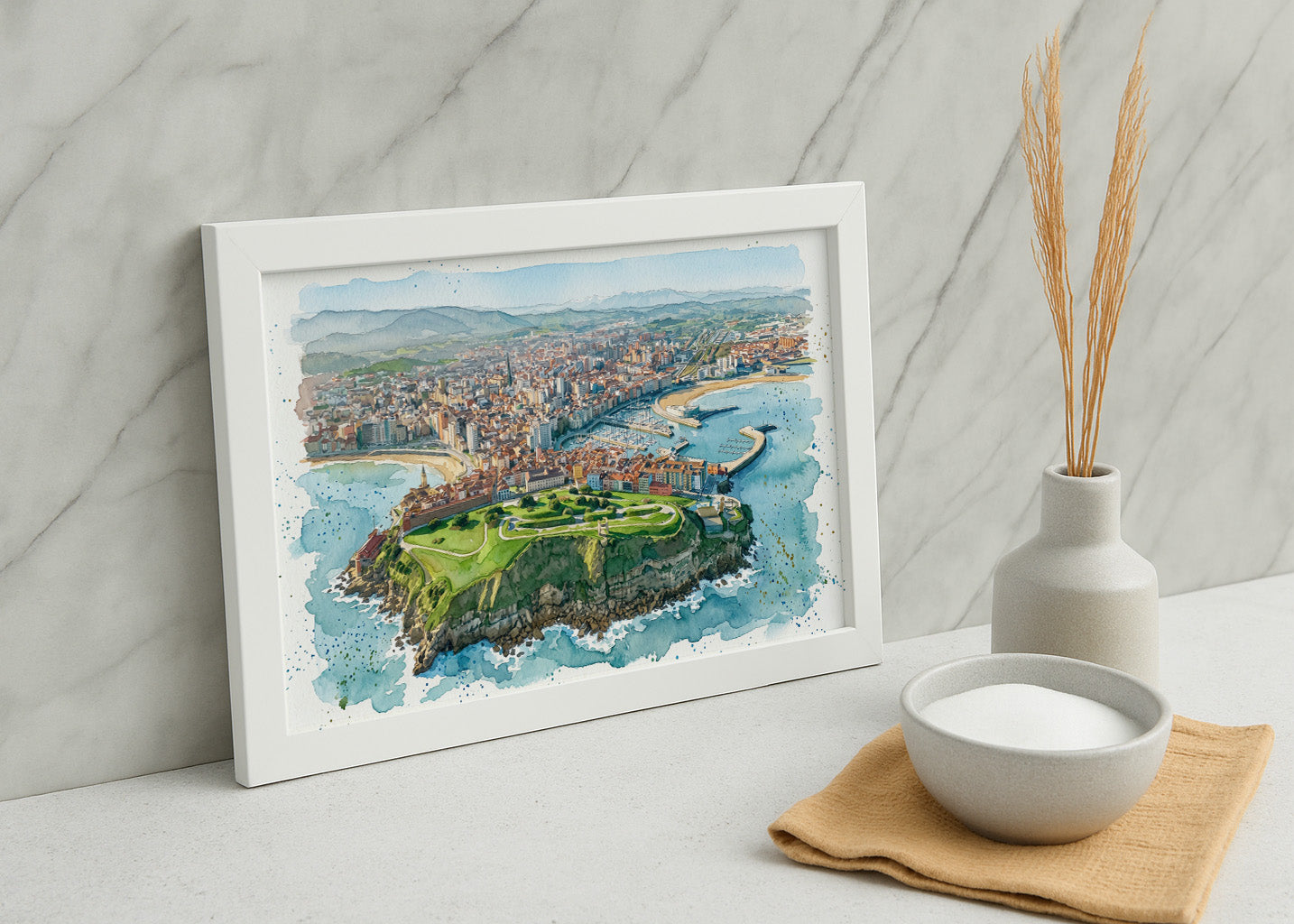 Cuadro Panorámica de Gijón en estilo acuarela