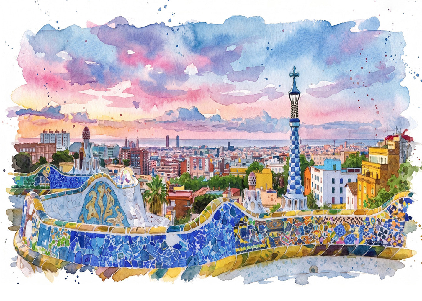 Cuadro Park Güell y Barcelona efecto acuarela