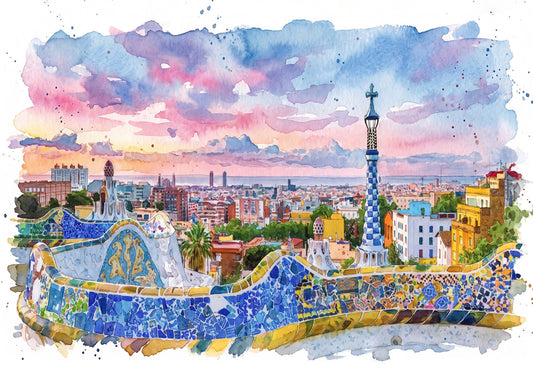 Cuadro Park Güell y Barcelona efecto acuarela