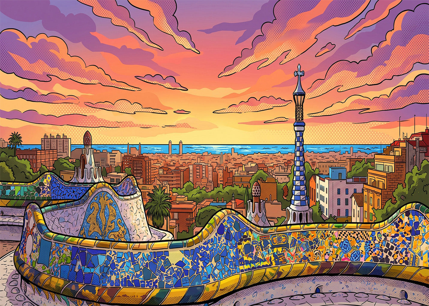 Cuadro Park Güell y vistas de Barcelona - Cómic