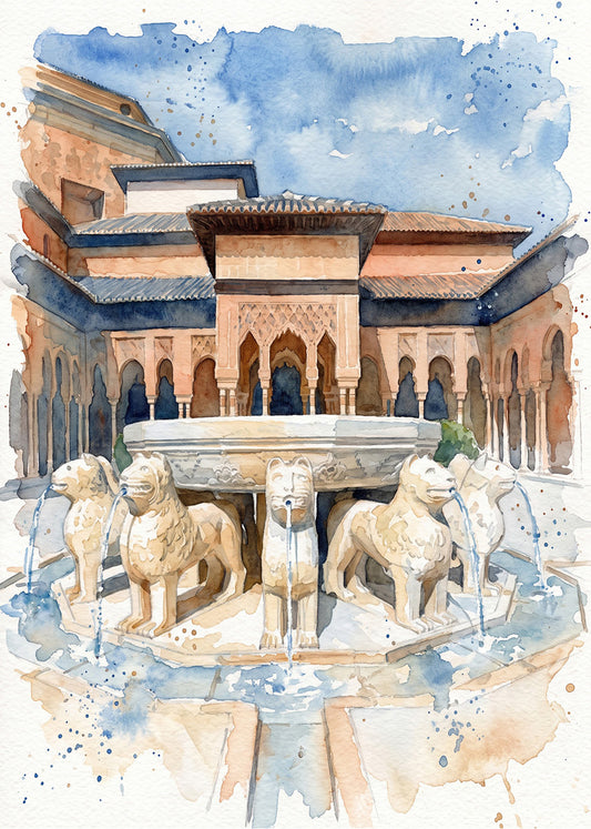 Cuadro Patio de los leones Alhambra efecto acuarela