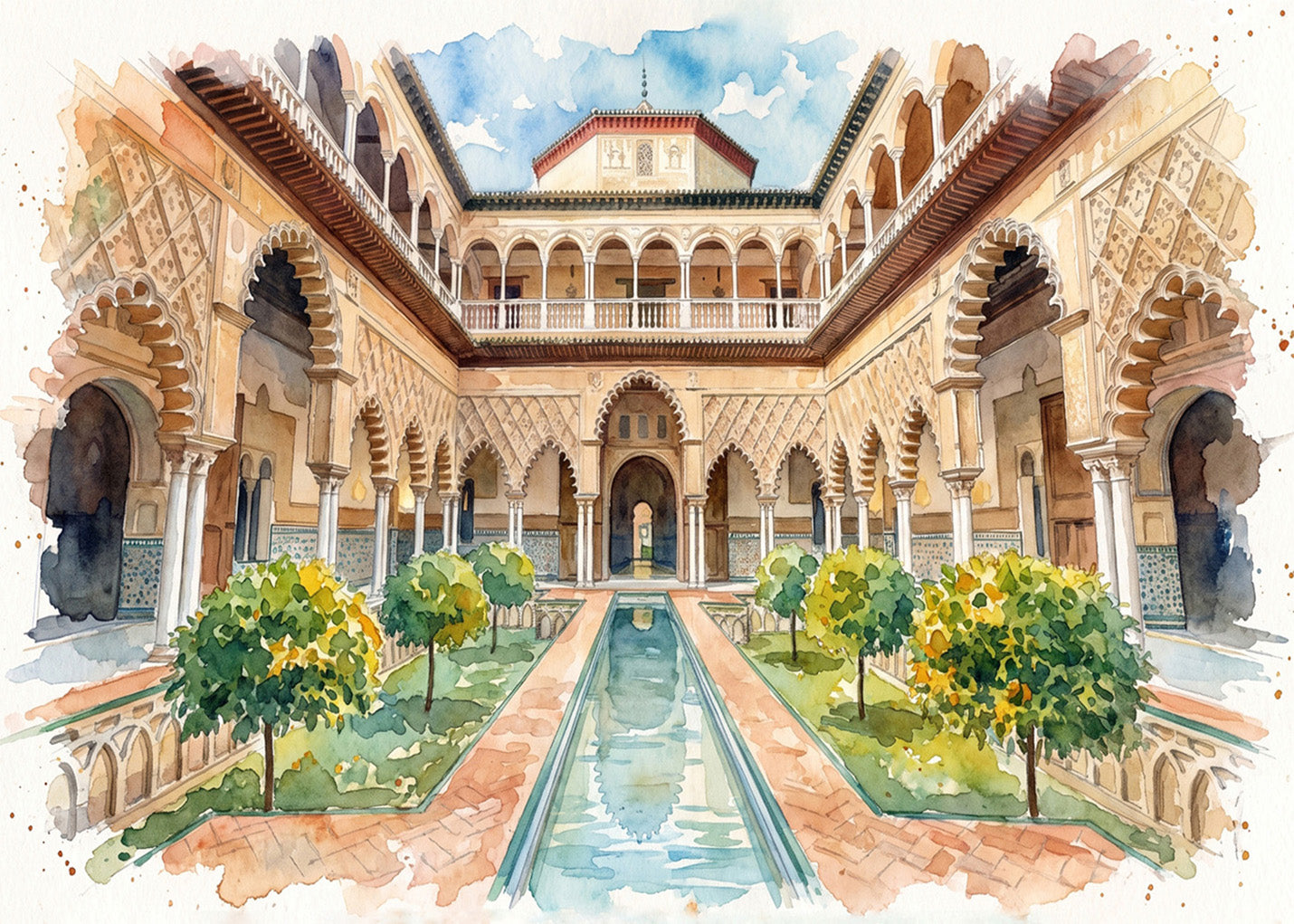Cuadro Patio del Real Alcázar de Sevilla estilo acuarela