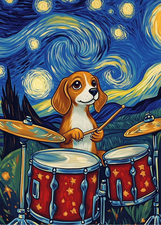 Cuadro ​Perrito tocando la bateria en starry night