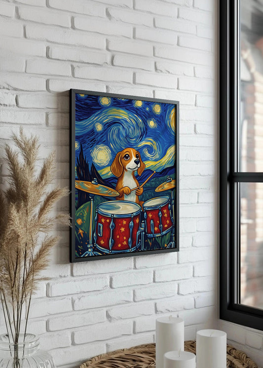 Cuadro ​Perrito tocando la bateria en starry night