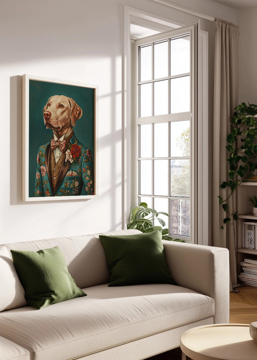 Cuadro Pitbull vestido como persona con traje