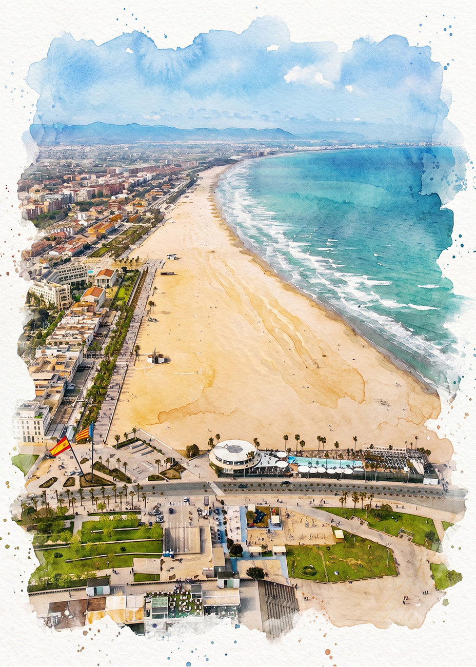 Cuadro Playa Valencia Malvarrosa efecto acuarela