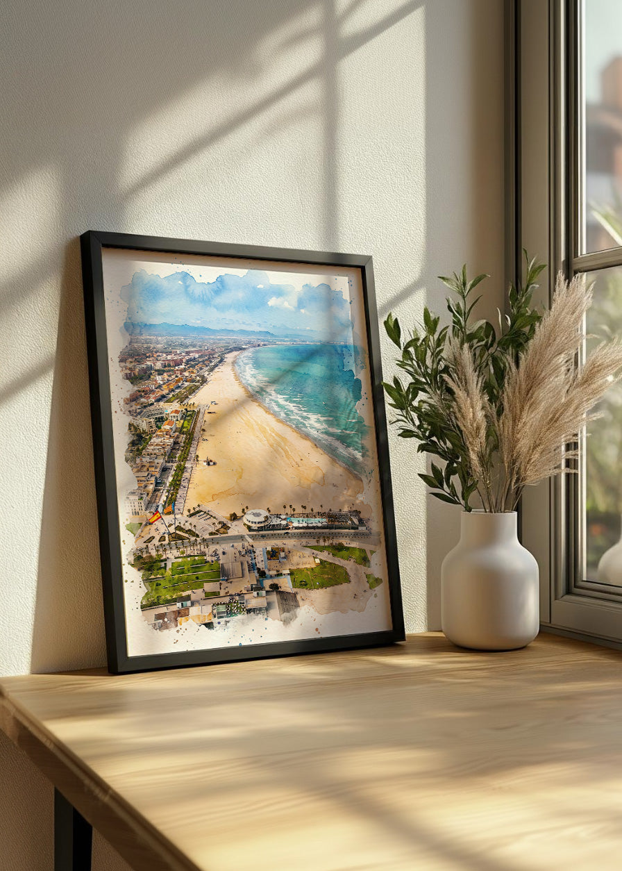 Cuadro Playa Valencia Malvarrosa efecto acuarela